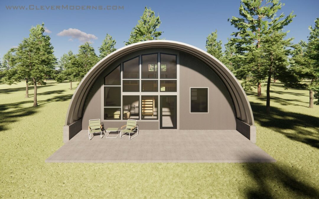 Computer-rendered image of a modern Quonset hut house in the trees.